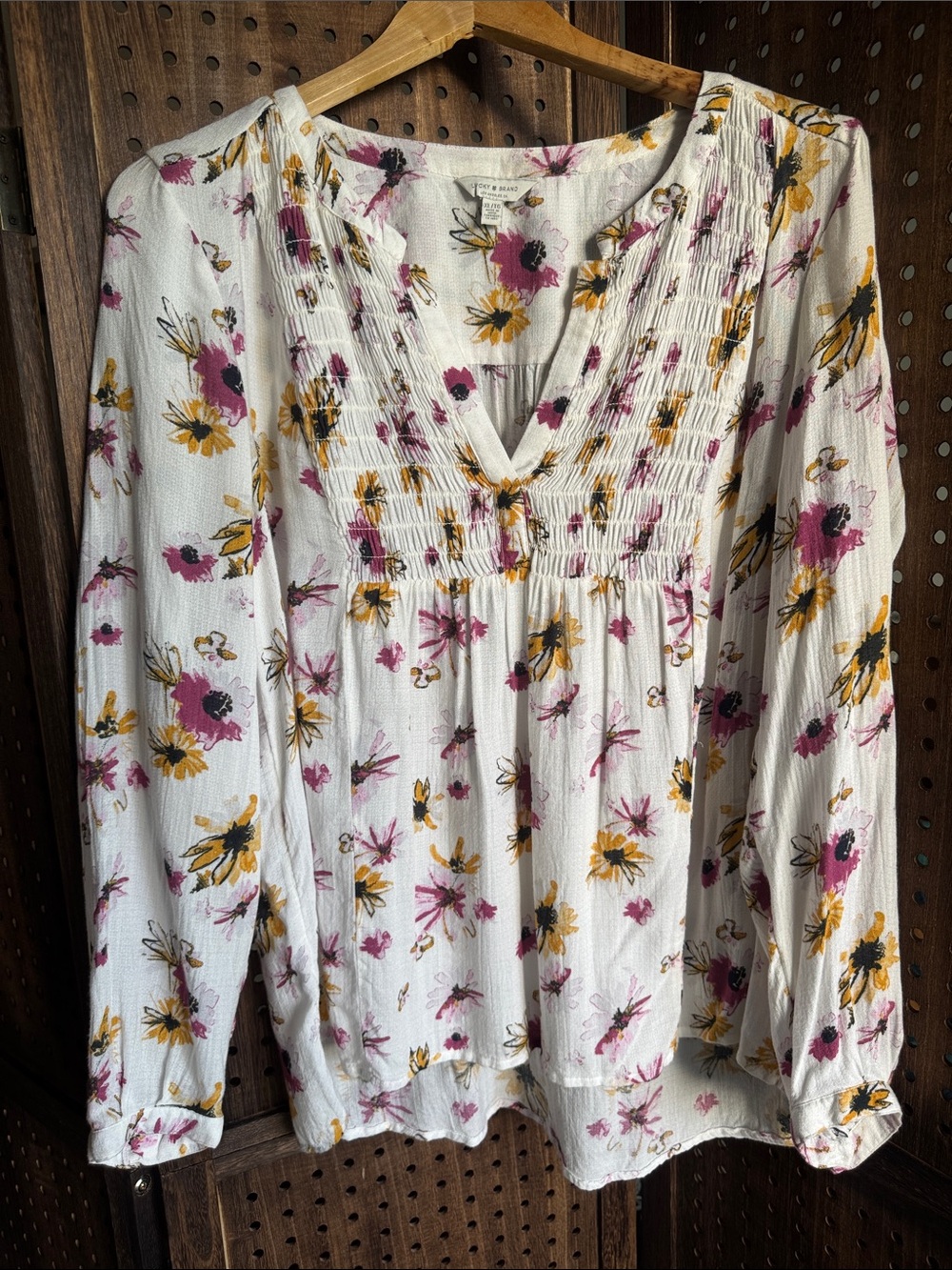 Lucky Brand White Floral Smocked V-Neck Blouse with Pink and Yellow Blooms